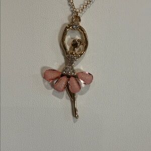 Gold Ballerina Pendant Necklace with Pink Enamel Skirt and Rhinestones